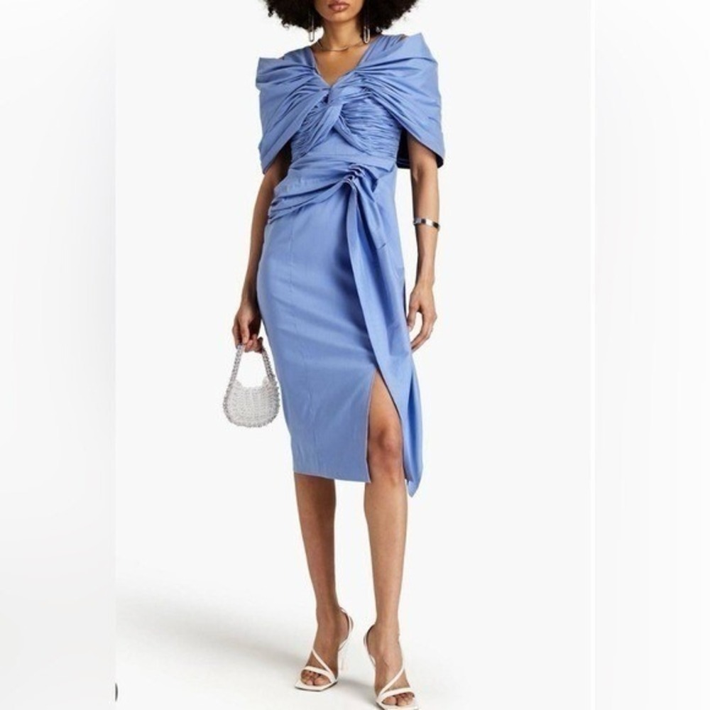 Rachel Gilbert Blue Draped Ruched Shatung Midi Dress US 4 Special Occasion